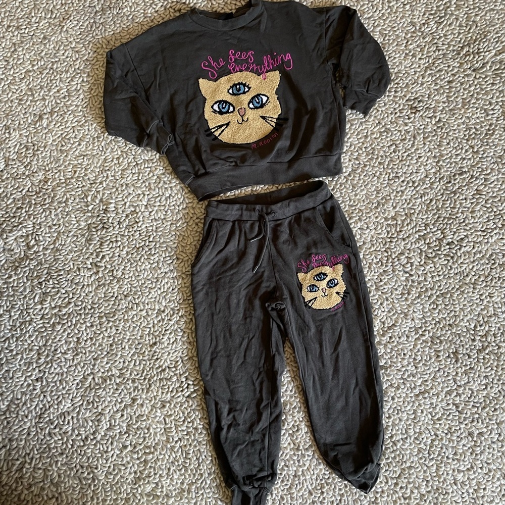 Mini Rodini She Sees Everything Cat Sweatshirt and Joggers